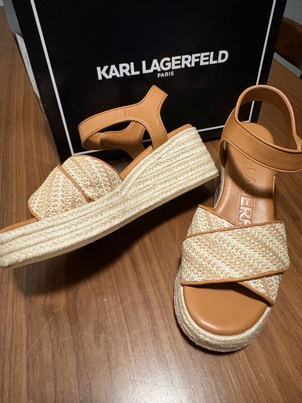 Karl Lagerfeld Tan Woven Espadrille Platform Sandals